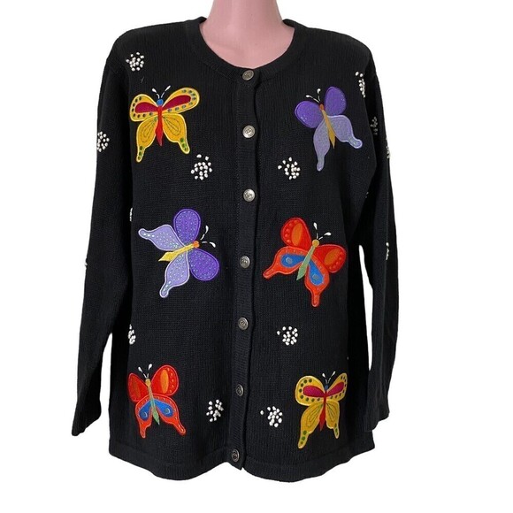 Quacker Factory Christmas Sweater Women's Small Butterflies Black - Picture 1 of 6